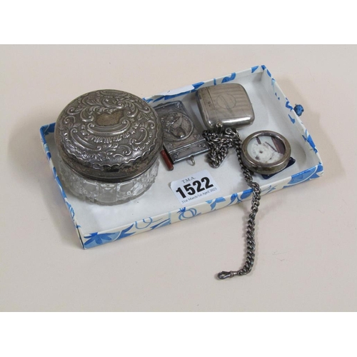 1522 - SILVER VESTA AND CHAIN AND MEMO BOOK IN AMOTHER THERESE WHITE METAL FOLDER, MINIATURE PHOTO FRAME AN... 