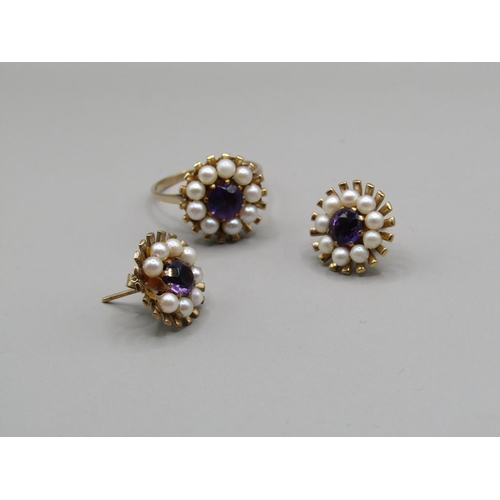 1536 - PAIR OF GOLD AMETHYST AND SEED PEARL SET EARRINGS TOGETHER WITH A MATCHING 9ct GOLD RING SIZE Q