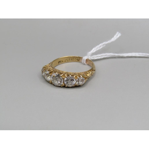 1547 - 18ct GOLD FIVE STONE CUT DIAMOND SET RING - SIZE N 1/2, APPX 2 CARATS