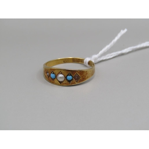 1549 - 15ct GOLD SEED PEARL AND TURQUOISE SET RING SIZE M