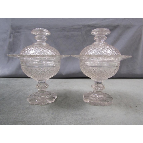 1804 - PAIR OF GEORGIAN SWEET MEAT PEDESTAL BOWLS WITH COVERS, 28CM H, A/F