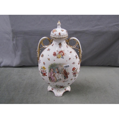 1823 - CONTINENTAL PORCELAIN VIENNA STYLE TWO HANDLED VASE AND COVER, 47CM H