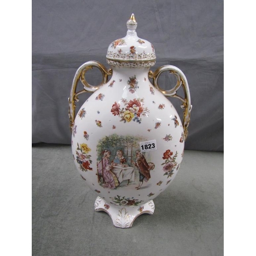 1823 - CONTINENTAL PORCELAIN VIENNA STYLE TWO HANDLED VASE AND COVER, 47CM H