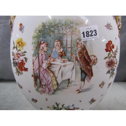 1823 - CONTINENTAL PORCELAIN VIENNA STYLE TWO HANDLED VASE AND COVER, 47CM H