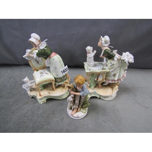 1833 - PAIR OF EARLY 20C CONTINENTAL PORCELAIN FIGRUE GROUPS, MAID WITH DOG AND CAT, 21CM H; ONE OTHER