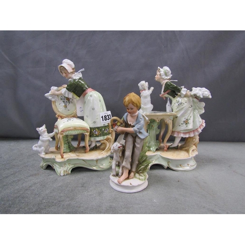 1833 - PAIR OF EARLY 20C CONTINENTAL PORCELAIN FIGRUE GROUPS, MAID WITH DOG AND CAT, 21CM H; ONE OTHER