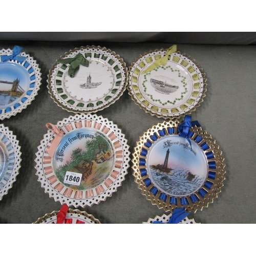 1840 - EARLY 20C CONTINENTAL PORCELAIN SOUVENIR RIBBON PLATES, 18CM DIAM