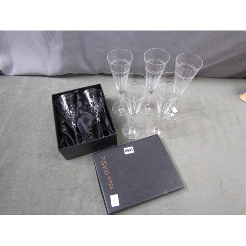 1858 - FIVE LARGE VERA WANG WEDGWOOD FLUTED CHAMPAGNES; TWO THOMAS WEBB GLASSES