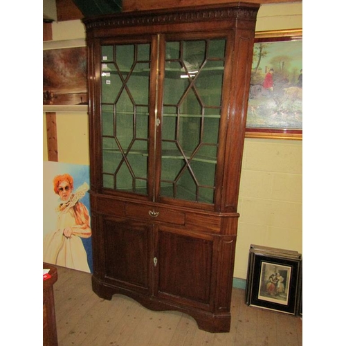 1865 - 19c MAHOGANY ASTRAGAL GLAZED STANDING CORNER CUPBOARD 120 x 210cms