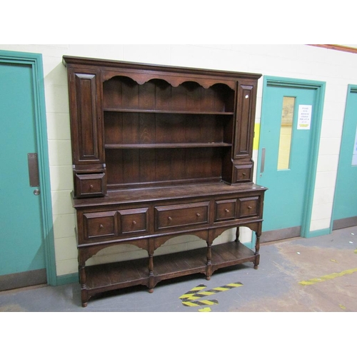 1867 - LATE 18/EARLY 19c STYLE OAK THREE DRAWER DRESSER WITH A RACK AND POT BOARD 186 x 200 cms