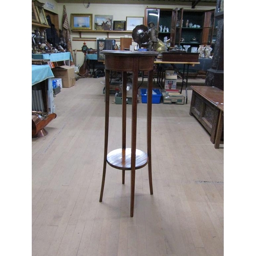 1873 - EDWARDIAN INLAID AND CROSSBANDED MAHOGANY TWO TIER POT STAND, 32CM W, 99CM H