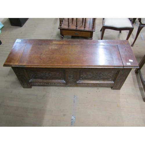 1874 - CARVED OAK TWO PANEL COFFER, 121CM W, 46CM H