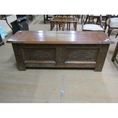 1874 - CARVED OAK TWO PANEL COFFER, 121CM W, 46CM H