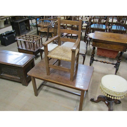 1875 - OAK PLANK TOP LOW TABLE, 84CM W, 47CM H; CHILDS OAK OPEN ARMCHAIR WITH RUSH SEAT