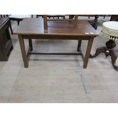 1875 - OAK PLANK TOP LOW TABLE, 84CM W, 47CM H; CHILDS OAK OPEN ARMCHAIR WITH RUSH SEAT