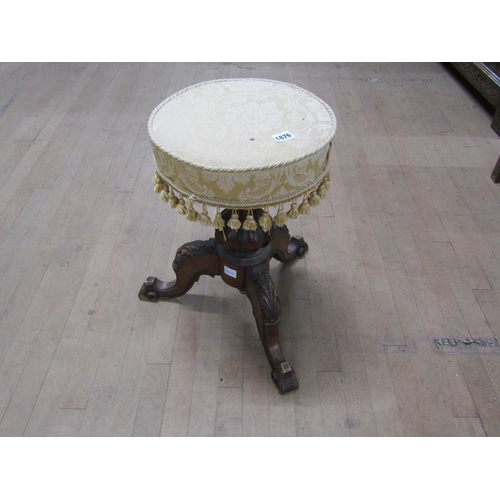 1876 - VICTORIAN REVOLVING PIANO STOOL ON CARVED WALNUT TRIPARTITE FRAME