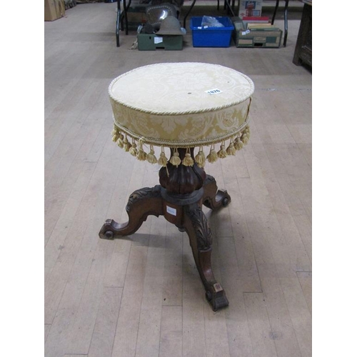 1876 - VICTORIAN REVOLVING PIANO STOOL ON CARVED WALNUT TRIPARTITE FRAME