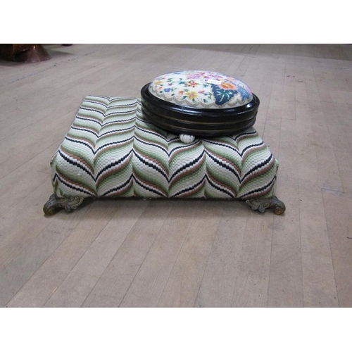 1877 - 19C UPHOLSTERED STOOL WITH CAST GILT METAL CORNER FEET; VICTORIAN EBONISED AND PARCEL GILT STOOL