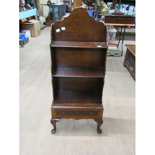 1878 - 19C LATE GEORGIAN STYLE WALNUT VENEERED WATERFALL STANDING BOOKCASE WITH BASE DRAWER, 50CM W, 120CM ... 