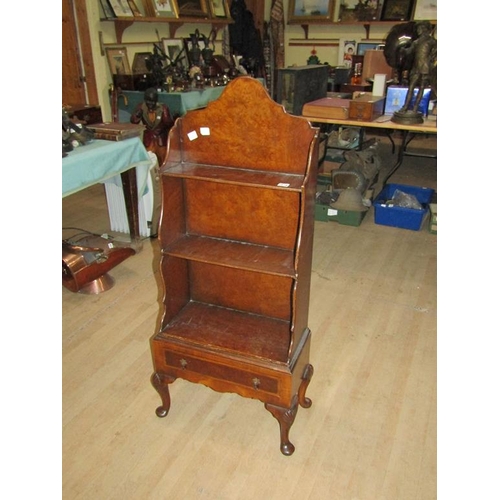 1878 - 19C LATE GEORGIAN STYLE WALNUT VENEERED WATERFALL STANDING BOOKCASE WITH BASE DRAWER, 50CM W, 120CM ... 