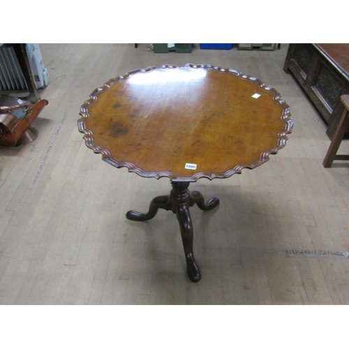 1880 - GEORGE III MAHOGANY PIE CRUST CIRCULAR PEDESTAL TRIPOD TABLE - THREE CHIPS TO EDGE, 75CM W, 72CM H