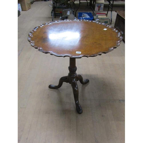 1880 - GEORGE III MAHOGANY PIE CRUST CIRCULAR PEDESTAL TRIPOD TABLE - THREE CHIPS TO EDGE, 75CM W, 72CM H