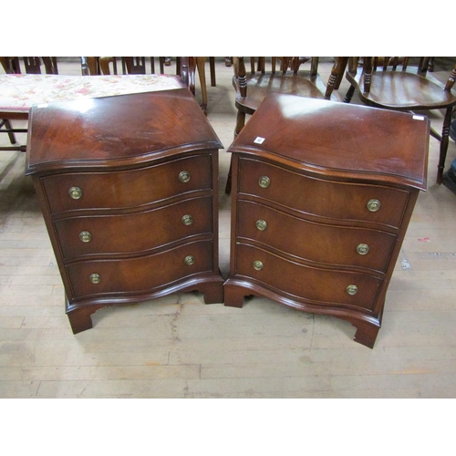 1881 - PAIR OF CONTEMPORARY MAHOGANY SERPENTINE BEDSIDE CABINETS, EACH FITTED THREE DARWERS, 53CM W, 66CM H