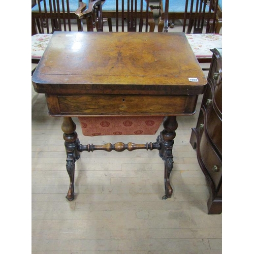 1882 - VICTORIAN FIGURED WALNUT VENEERED METAMORPHIC FOLD OVER GAMES TABLE/NEEDLEWORK BOX ON CARVED REFECTO... 