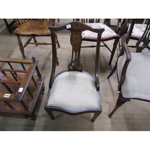 1884 - EDWARDIAN INLAID AND PAINTED WALNUT LOW CHAIR WITH UPHOLSTERED SEAT