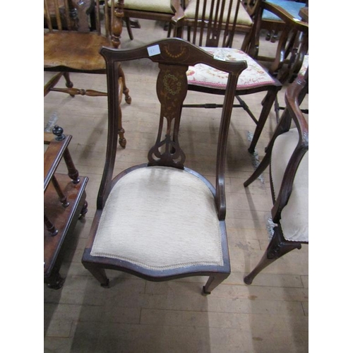 1884 - EDWARDIAN INLAID AND PAINTED WALNUT LOW CHAIR WITH UPHOLSTERED SEAT