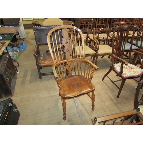 1886 - 19C WINDSOR HOOPED SPINDLE BACK ARMCHAIR WITH PIERCED VASE SPLATS