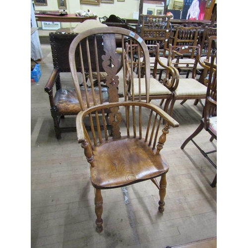 1886 - 19C WINDSOR HOOPED SPINDLE BACK ARMCHAIR WITH PIERCED VASE SPLATS