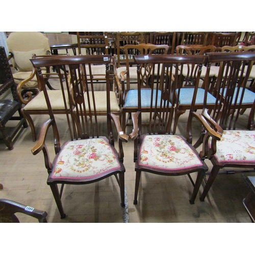 1887 - EDWARDIAN INLAID  MAHOGANY SPINDLE HIGH BACK SALON SUITE COMPRISING TWO SEATER SOFA AND TWO ARMCHAIR... 