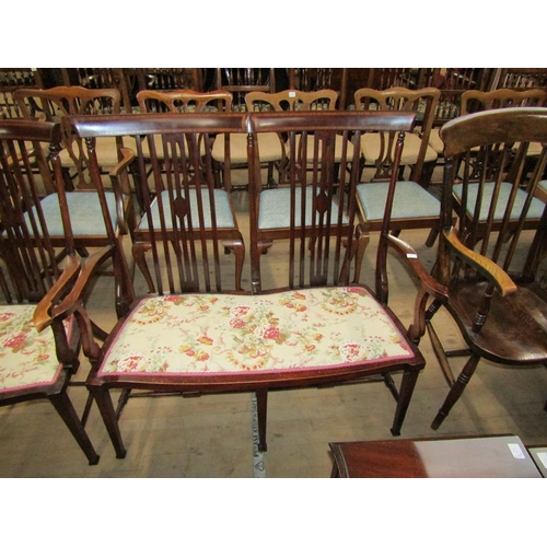 1887 - EDWARDIAN INLAID  MAHOGANY SPINDLE HIGH BACK SALON SUITE COMPRISING TWO SEATER SOFA AND TWO ARMCHAIR... 