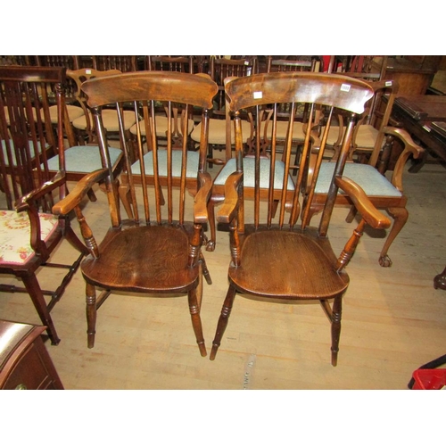 1888 - PAIR OF VICTORIAN WINDSOR SPINDLE BACK OPEN ARMCHAIRS