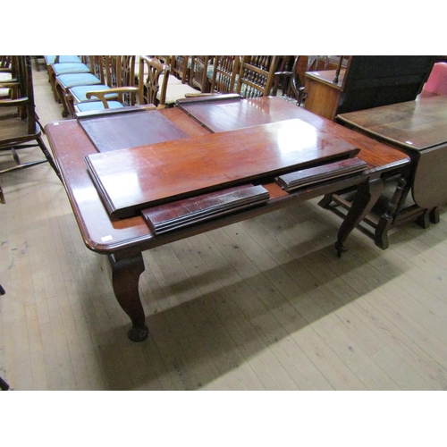 1889 - LATE 19C FIGURE MAHOGANY EXTENDING DINING TABLE WITH QUEEN ANNE STYLE LEGS, 165CM W, 75CM H