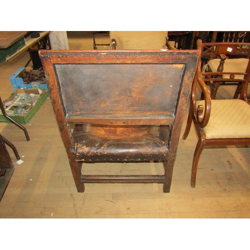 1892 - LATE 17C/EARLY 18C OAK FRAMED STUDDED LEATHER UPHOLSTERED OPEN ARMCHAIR