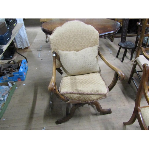 1893 - LATE 19C DUTCH STYLE X FRAME OPEN ARMCHAIR WITH CARVED CURVED ARMS