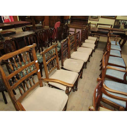 1894 - SET OF EIGHT (6+2) ASH AND ELM SPINDLE BACK DINING CHAIRS WITH RUSH SEATS