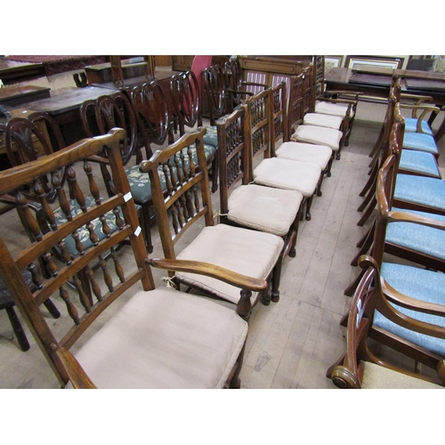 1894 - SET OF EIGHT (6+2) ASH AND ELM SPINDLE BACK DINING CHAIRS WITH RUSH SEATS