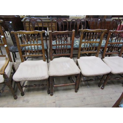 1894 - SET OF EIGHT (6+2) ASH AND ELM SPINDLE BACK DINING CHAIRS WITH RUSH SEATS