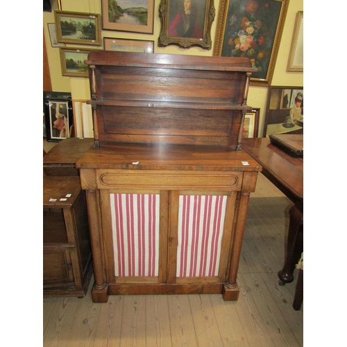 1895 - VICTORIAN ROSEWOOD CHIFFONIER WITH MATERIAL PANEL DOORS, 92CM W