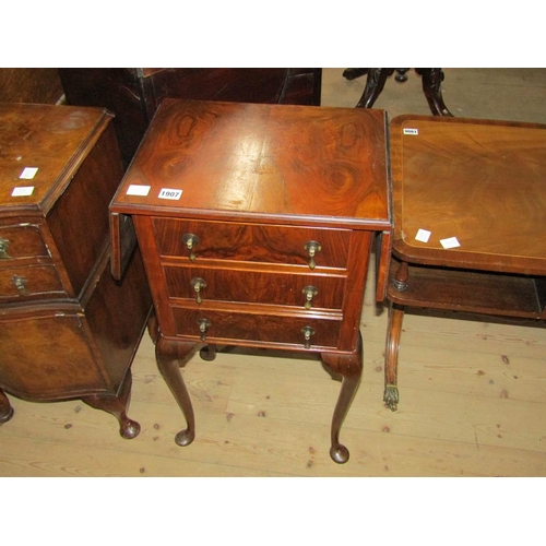 1907 - FIGURED WALNUT VENEERED TWIN FLAP BEDROOM TABLE FITTED THREE DRAWERS, 54CM W, 76CM H