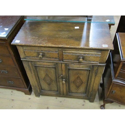 1909 - 20C OAK SMALL SIDE CABINET FITTED TWO DRAWERS OVER CUPBOARD BASE, 69CM W, 76CM H