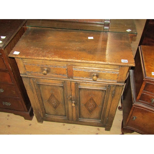 1909 - 20C OAK SMALL SIDE CABINET FITTED TWO DRAWERS OVER CUPBOARD BASE, 69CM W, 76CM H