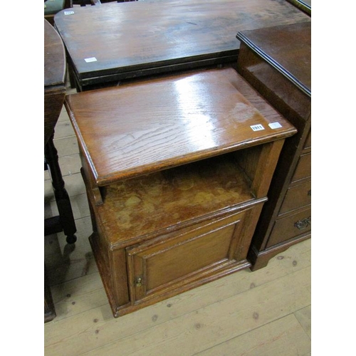 1911 - OAK BEDROOM TABLE WITH BASE CUPBOARD, 56CM W, 70CM H