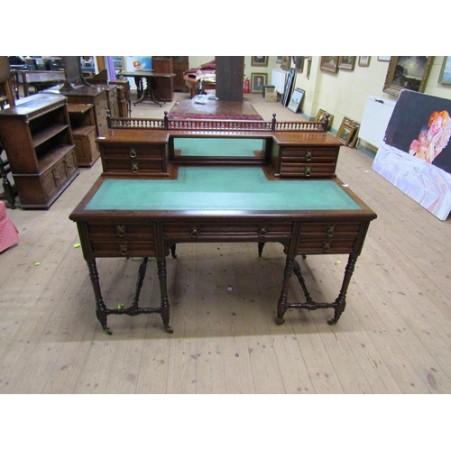 1913 - LATE 19C/EARLY 20C GILLOWS & CO WRITING TABLE WITH MIRROR BACK AND SPINDLED GALLERY, FITTED ONE CENT... 