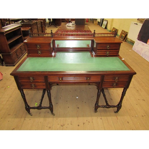 1913 - LATE 19C/EARLY 20C GILLOWS & CO WRITING TABLE WITH MIRROR BACK AND SPINDLED GALLERY, FITTED ONE CENT... 