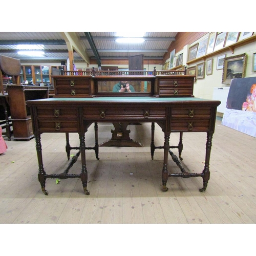 1913 - LATE 19C/EARLY 20C GILLOWS & CO WRITING TABLE WITH MIRROR BACK AND SPINDLED GALLERY, FITTED ONE CENT... 