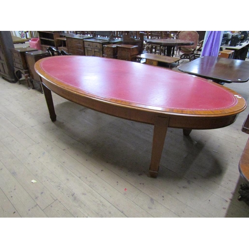 1923 - LARGE EARLY 20C MAHOGANY FRAMED LEATHER TOP OVAL TABLE ON BOLD SQUARE TAPERING LEGS, 270CM L, 136CM ... 